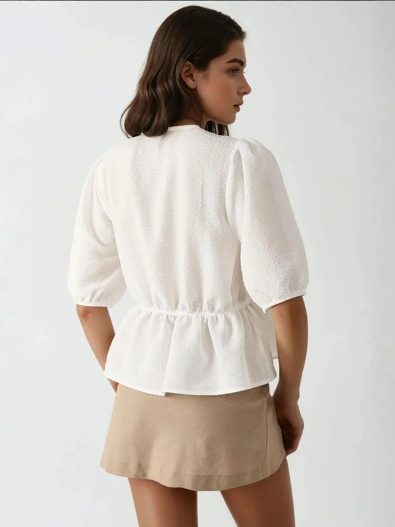 Hiccup White Textured V-Neck Blouse for Women | Best Price UAE