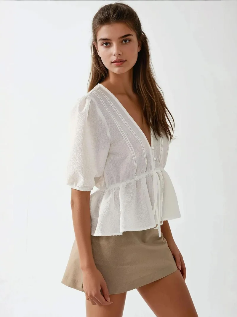 Hiccup White Textured V-Neck Blouse for Women | Best Price UAE