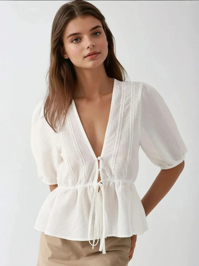 Hiccup White Textured V-Neck Blouse for Women | Best Price UAE