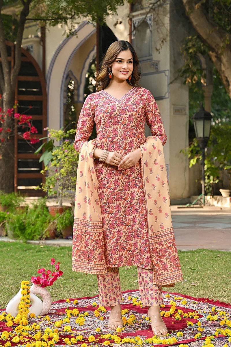 ZERESOUQ Pink Rayon Blend Floral Printed Straight 3-Piece Kurta Set