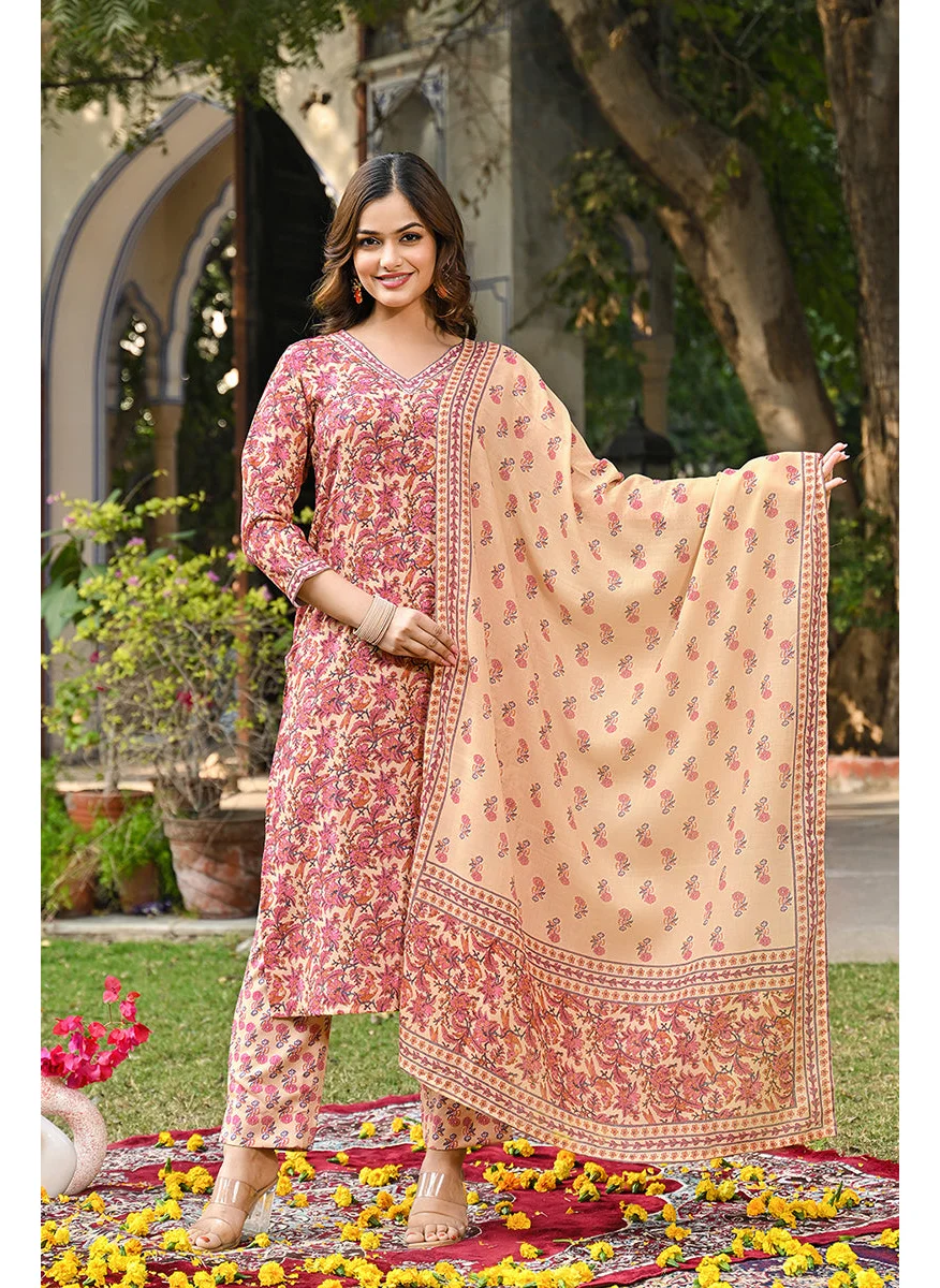 زيري سوق Pink Rayon Blend Floral Printed Straight 3-Piece Kurta Set