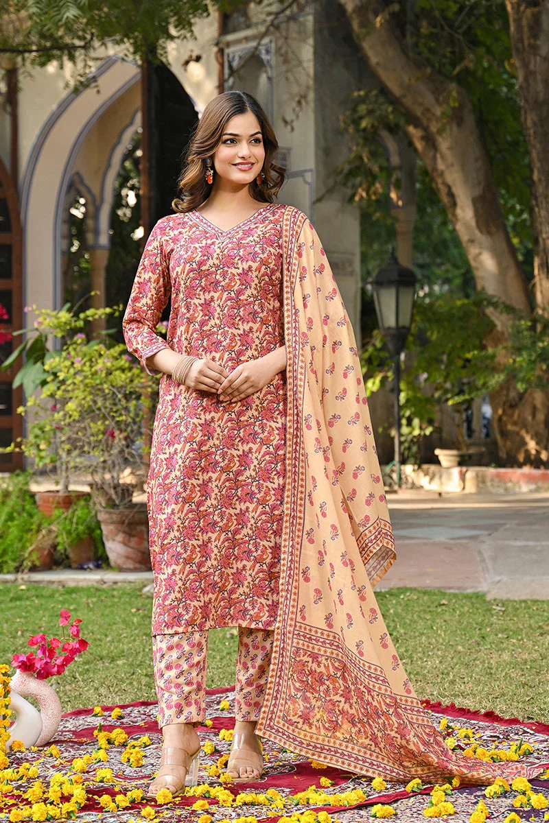 ZERESOUQ Pink Rayon Blend Floral Printed Straight 3-Piece Kurta Set