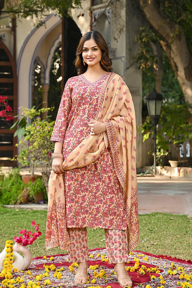 ZERESOUQ Pink Rayon Blend Floral Printed Straight 3-Piece Kurta Set