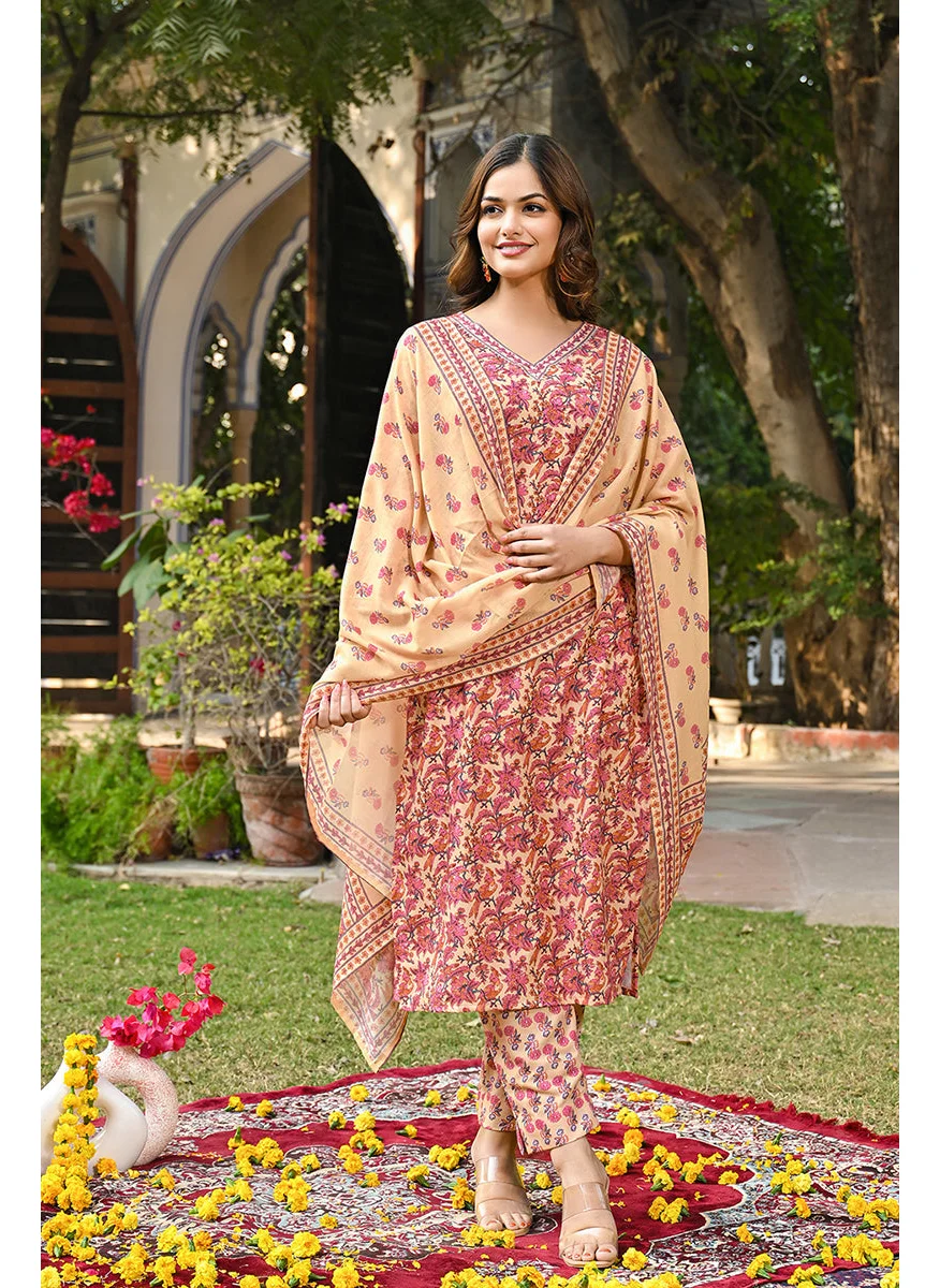زيري سوق Pink Rayon Blend Floral Printed Straight 3-Piece Kurta Set