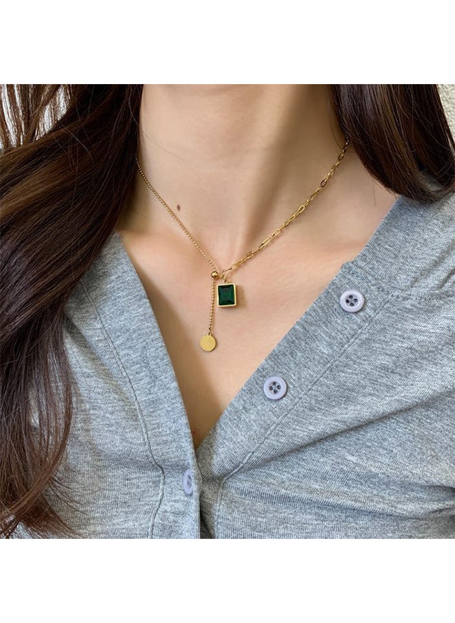 Depend Retro Emeralds Clavicle Chain Necklace Casual Adjustable Ins Style Minimalist Gemstone Pendant Jewelry Titanium Steel Gift For Female Women Ladies Gold/Green  - Image 5