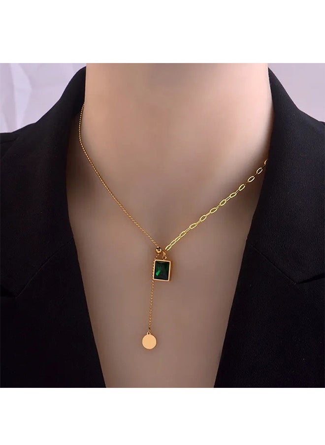 Depend Retro Emeralds Clavicle Chain Necklace Casual Adjustable Ins Style Minimalist Gemstone Pendant Jewelry Titanium Steel Gift For Female Women Ladies Gold/Green  - Image 1