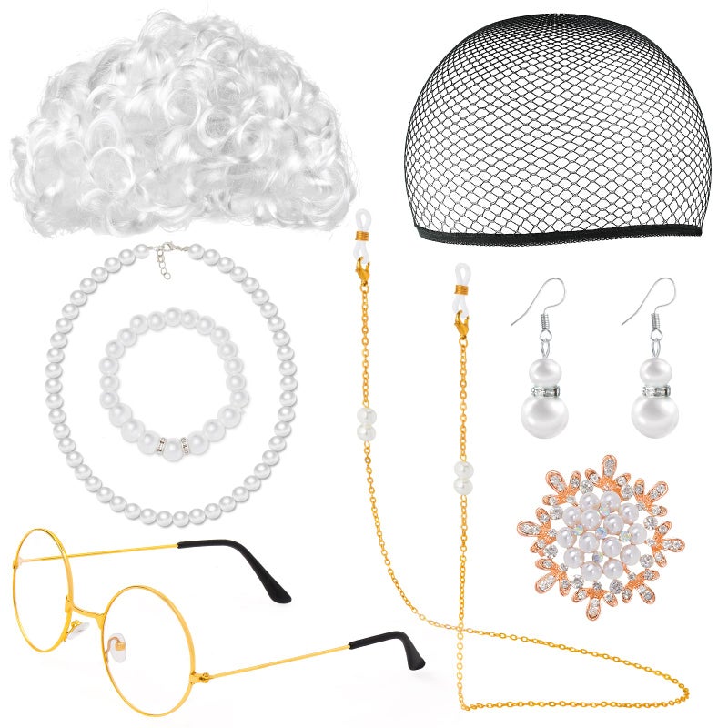 Yewong Old Lady Costume Set - Granny Wig, Glasses & Pearl Accessories for Halloween & Christmas (White) - Image 1