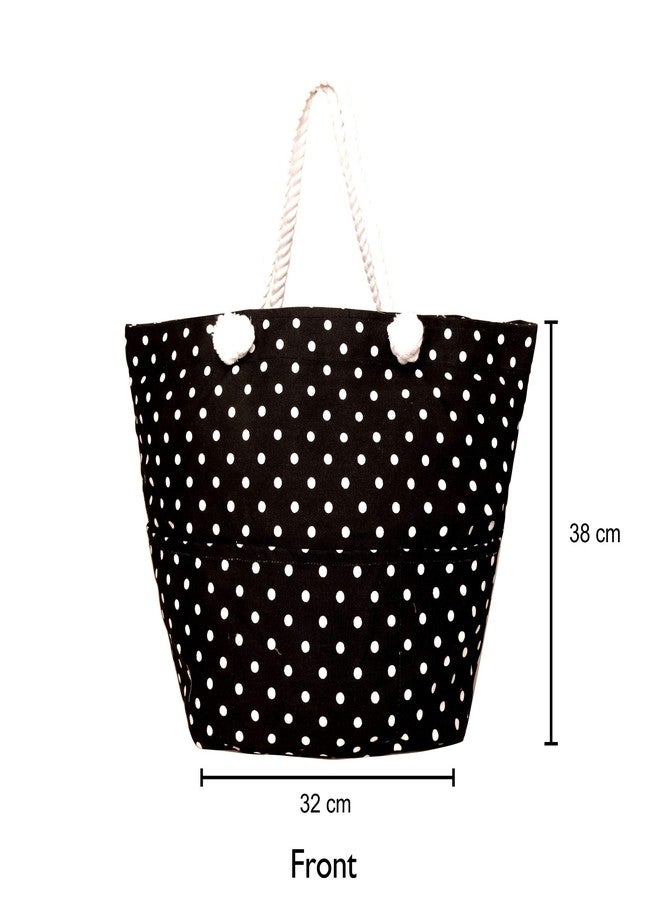 ASTRID Women Polka Dot Eco-Friendly Cotton Carry Bag, Work Tote,Black - Image 2