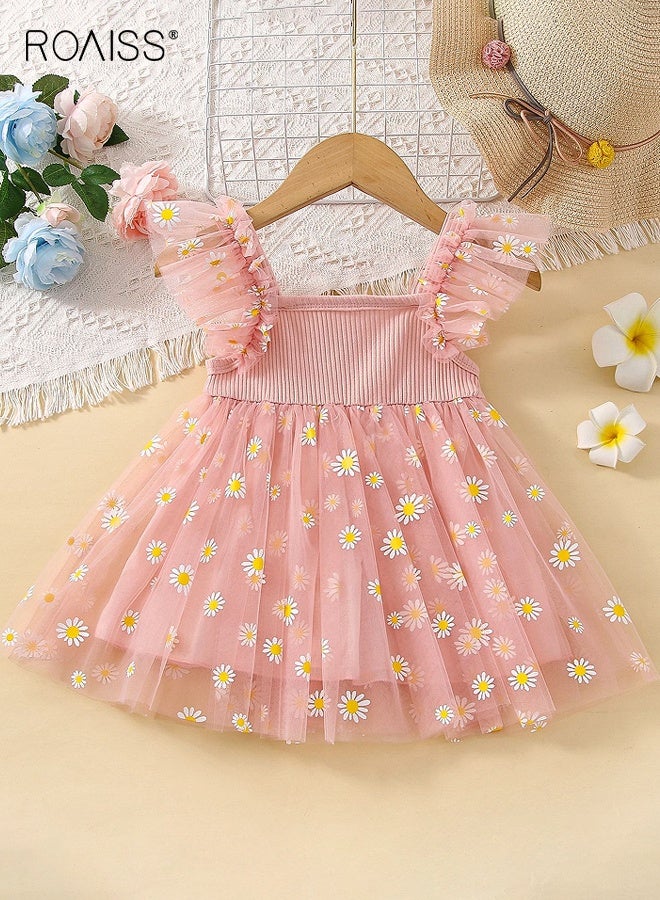 roaiss Girl's Summer Dress with Daisy Pattern, Sleeveless Tulle Dress, Elegant Stylish Princess Dress for Girls, Flower-patterned Camisole Dress, Suitable for Daily Wear or Any Occasion - Image 2