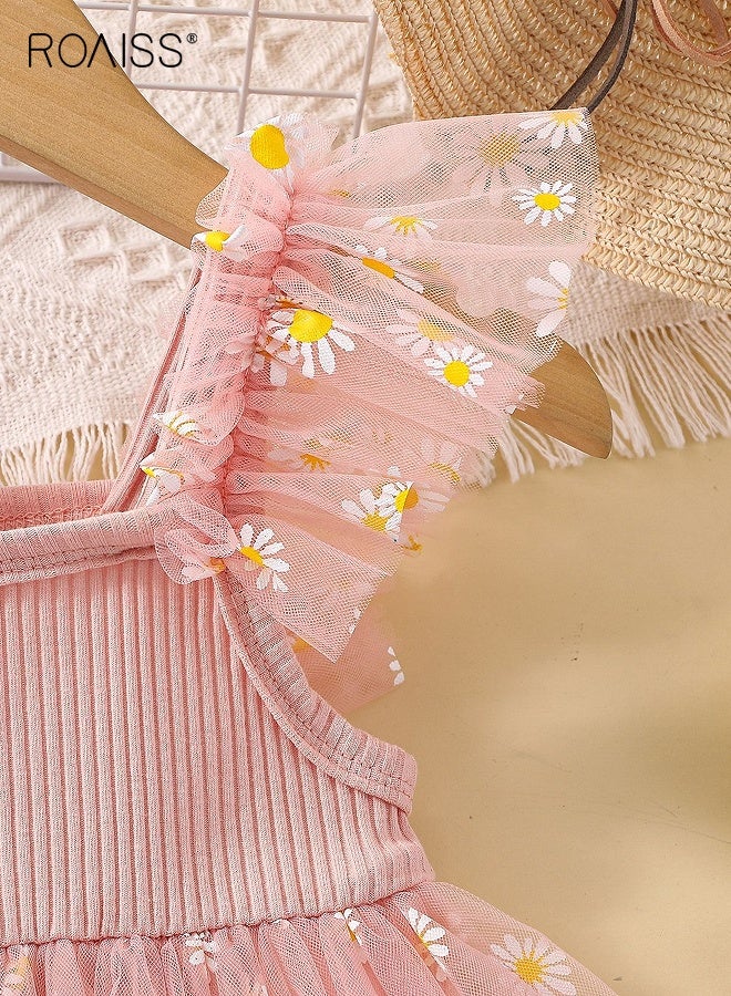 roaiss Girl's Summer Dress with Daisy Pattern, Sleeveless Tulle Dress, Elegant Stylish Princess Dress for Girls, Flower-patterned Camisole Dress, Suitable for Daily Wear or Any Occasion - Image 5