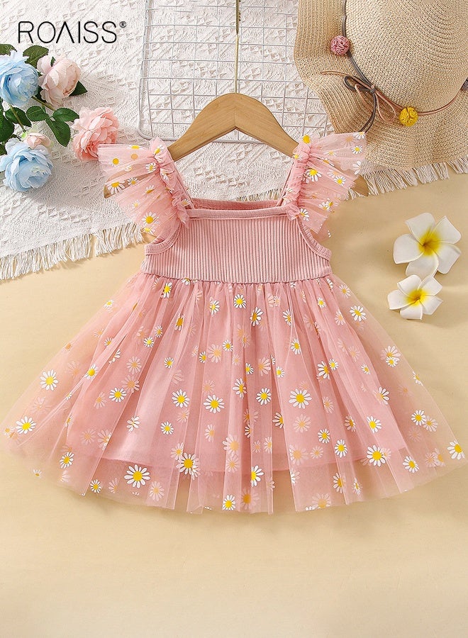 roaiss Girl's Summer Dress with Daisy Pattern, Sleeveless Tulle Dress, Elegant Stylish Princess Dress for Girls, Flower-patterned Camisole Dress, Suitable for Daily Wear or Any Occasion - Image 1