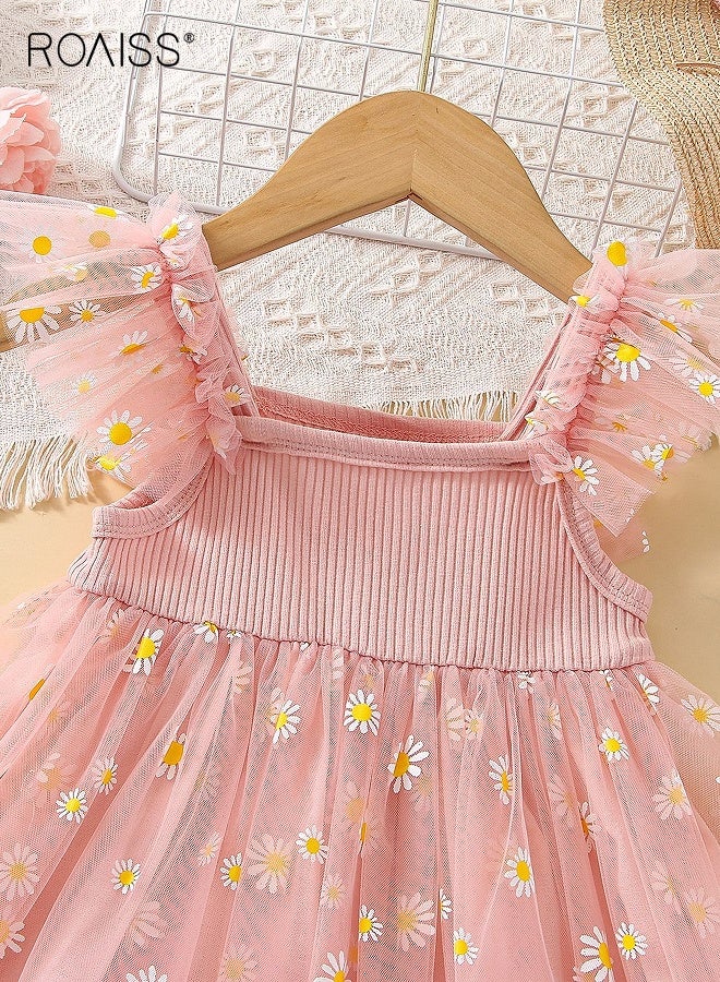 roaiss Girl's Summer Dress with Daisy Pattern, Sleeveless Tulle Dress, Elegant Stylish Princess Dress for Girls, Flower-patterned Camisole Dress, Suitable for Daily Wear or Any Occasion - Image 3
