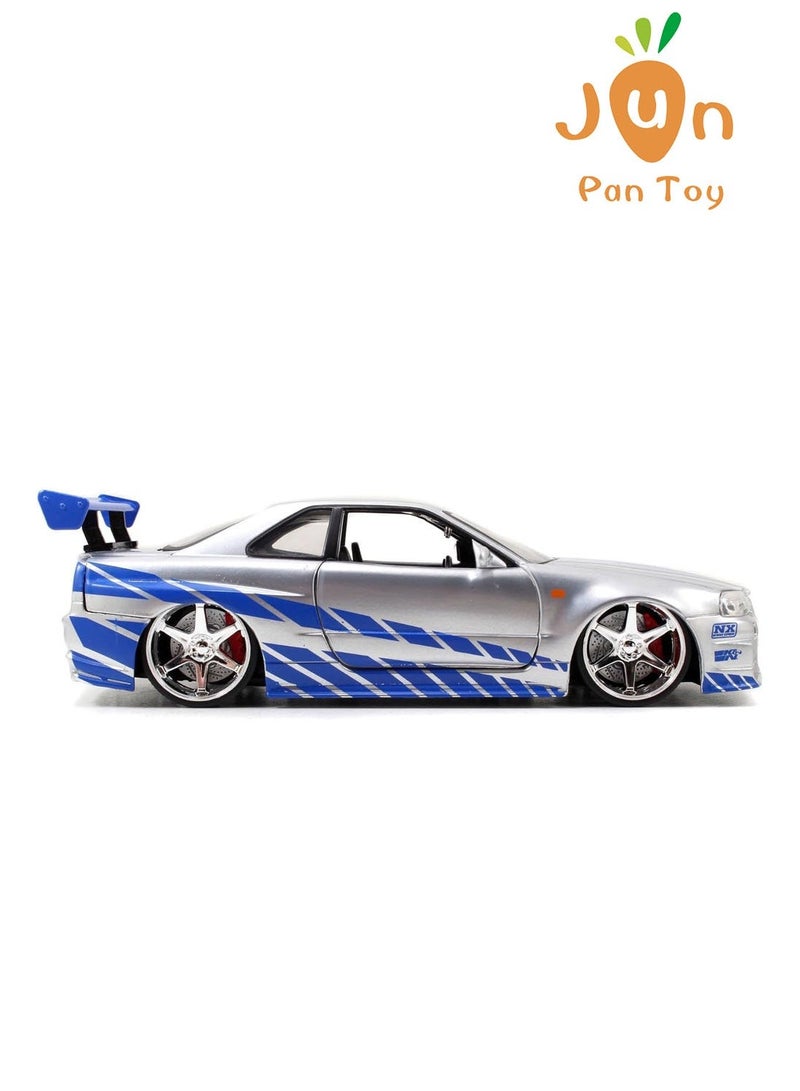 Fast & Furious Original Fast & Furious Brian's Nissan Skyline GT-R R34 Jada Toys 1:24 Scale Die-Cast Car Model Silver Blue Racing Vehicle Openable Doors Hood Collectible Kids Adult Gift - Image 4