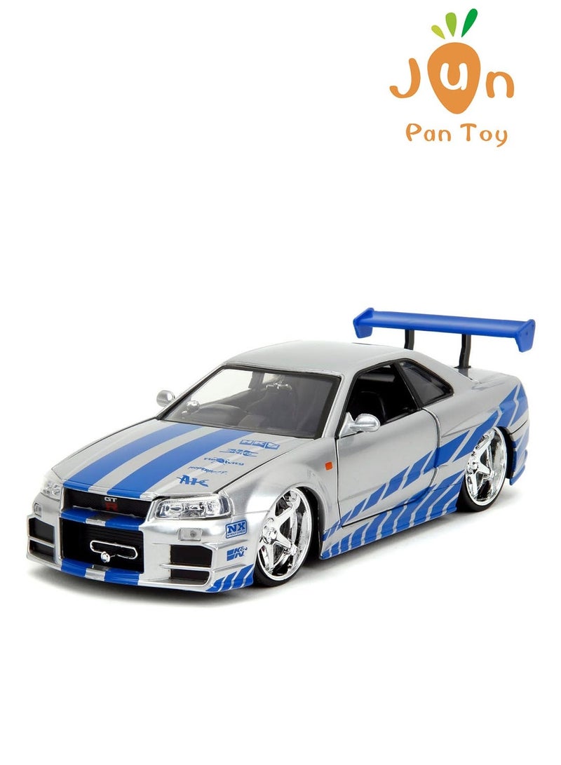 Fast & Furious Original Fast & Furious Brian's Nissan Skyline GT-R R34 Jada Toys 1:24 Scale Die-Cast Car Model Silver Blue Racing Vehicle Openable Doors Hood Collectible Kids Adult Gift - Image 2