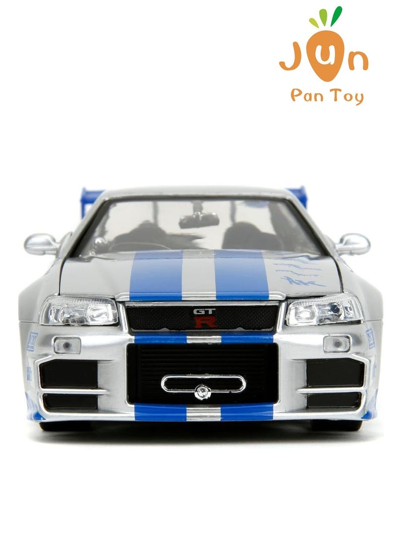 Fast & Furious Original Fast & Furious Brian's Nissan Skyline GT-R R34 Jada Toys 1:24 Scale Die-Cast Car Model Silver Blue Racing Vehicle Openable Doors Hood Collectible Kids Adult Gift - Image 3
