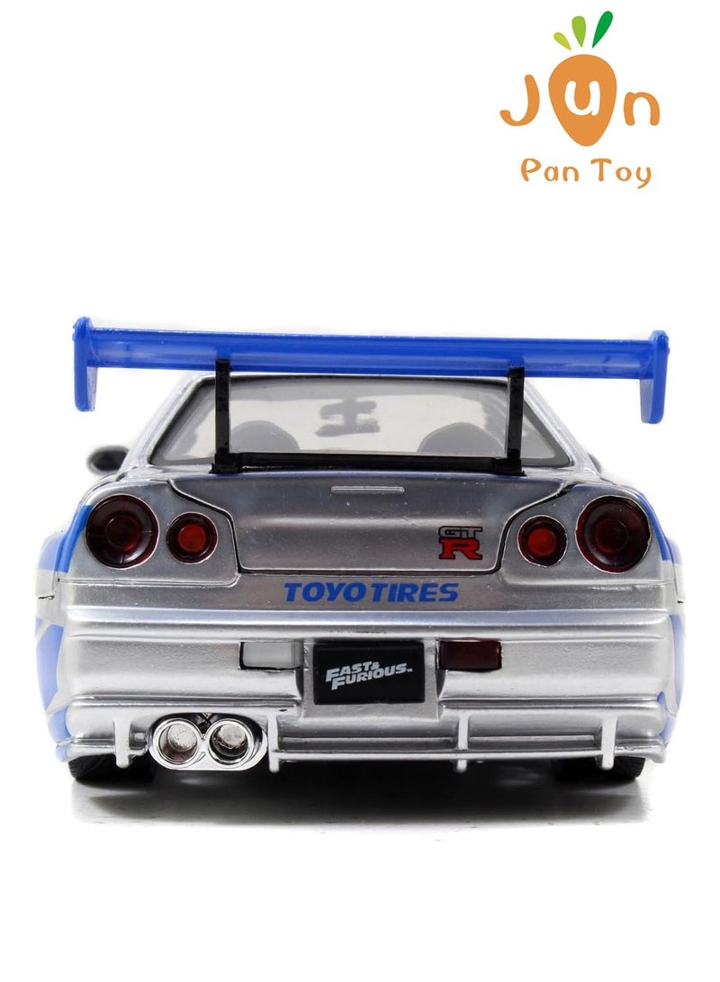 Fast & Furious Original Fast & Furious Brian's Nissan Skyline GT-R R34 Jada Toys 1:24 Scale Die-Cast Car Model Silver Blue Racing Vehicle Openable Doors Hood Collectible Kids Adult Gift - Image 5