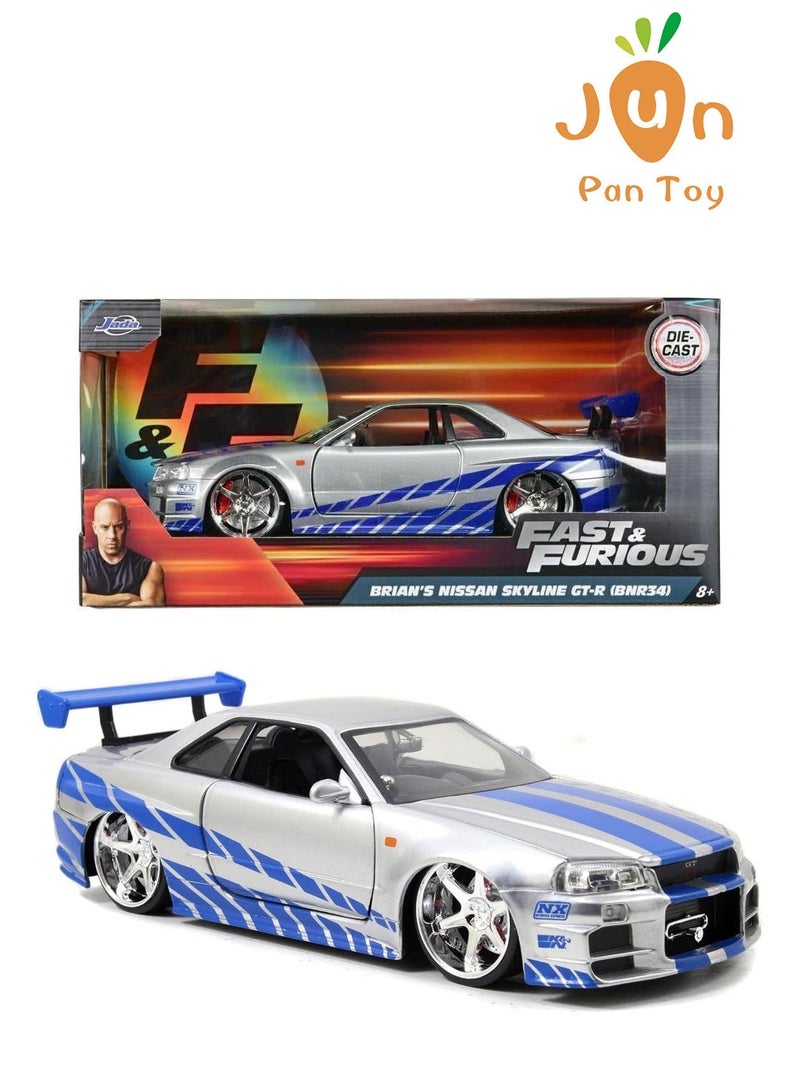 Fast & Furious Original Fast & Furious Brian's Nissan Skyline GT-R R34 Jada Toys 1:24 Scale Die-Cast Car Model Silver Blue Racing Vehicle Openable Doors Hood Collectible Kids Adult Gift - Image 1