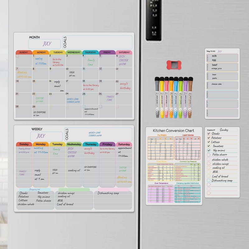 Hivillexun Magnetic Dry Erase Calendar Whiteboard Set (5-Pack) - Includes Meal Planner, Conversion Chart, Family Menu Organizer, Shopping List, and Daily Schedule - 8 Markers and 1 Eraser - Image 1