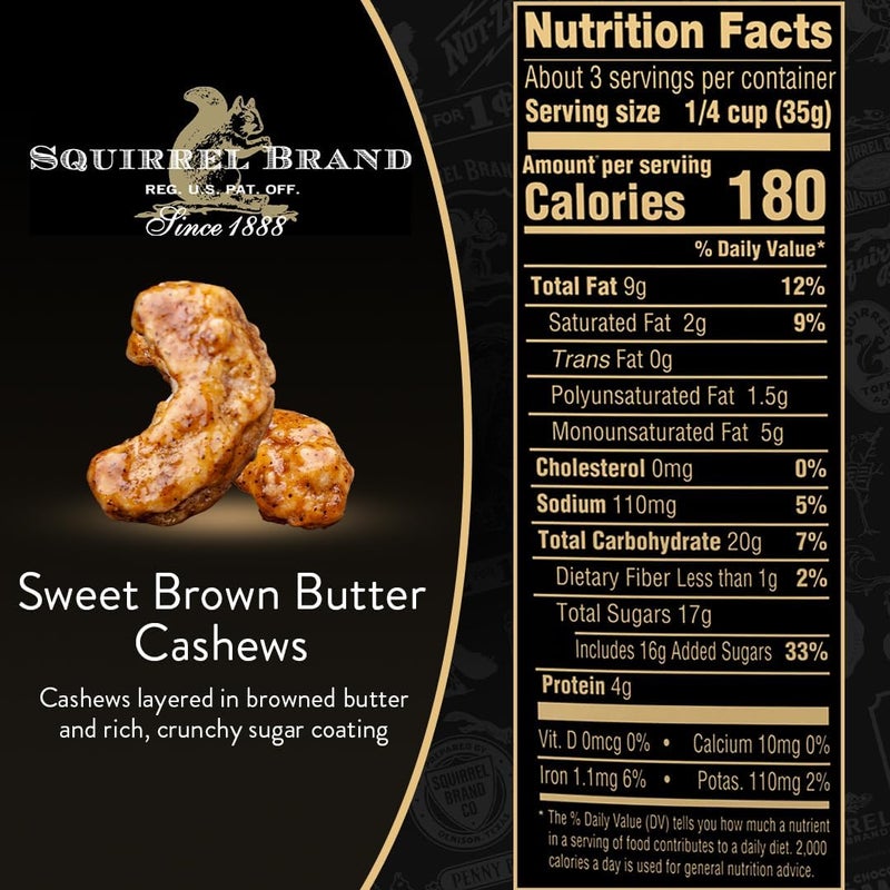 Squirrel Brand Sweet Brown Butter Cashews - 3.5 Ounce Resealable Bag, Gluten Free and Vegetarian Snack - Image 2