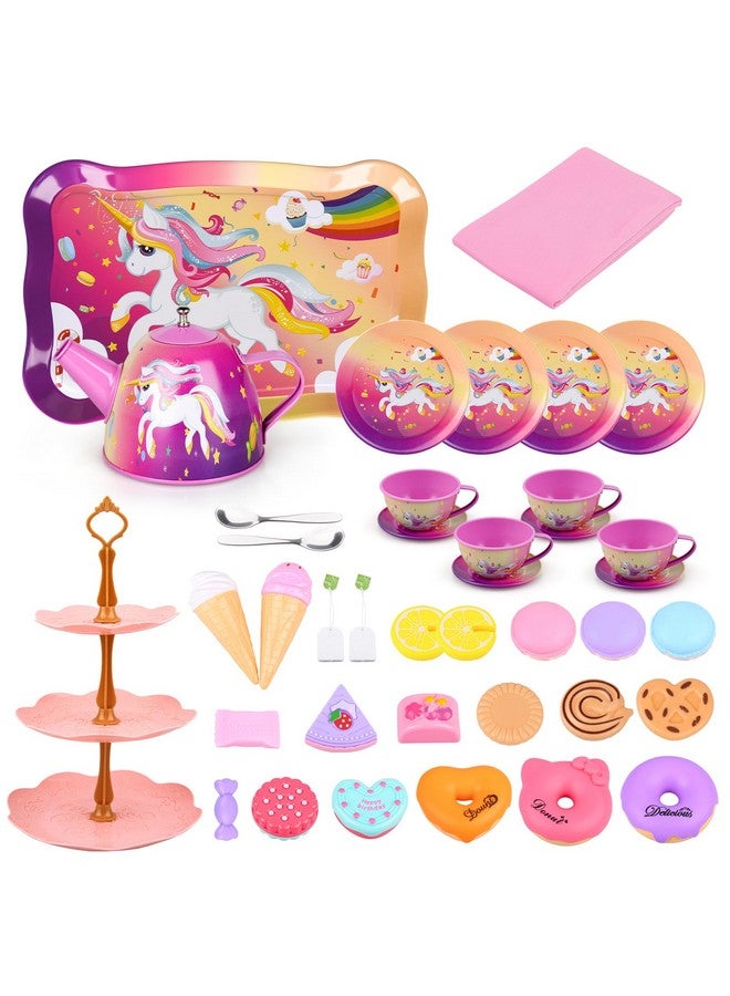 أوني مجموعة ألعاب حفل الشاي للبنات، مجموعة شاي يونيكورن من الصفيح، ألعاب تظاهرية للبنات، هدايا للفتيات الصغيرات من سن 3 إلى 6 سنوات، ألعاب أطفال بنات هدايا لحفل الشاي بما في ذلك حقيبة حمل مجموعة الشاي (يونيكورن جديد) - Image 1
