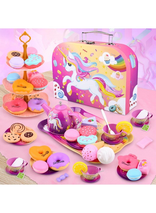 أوني مجموعة ألعاب حفل الشاي للبنات، مجموعة شاي يونيكورن من الصفيح، ألعاب تظاهرية للبنات، هدايا للفتيات الصغيرات من سن 3 إلى 6 سنوات، ألعاب أطفال بنات هدايا لحفل الشاي بما في ذلك حقيبة حمل مجموعة الشاي (يونيكورن جديد) - Image 3