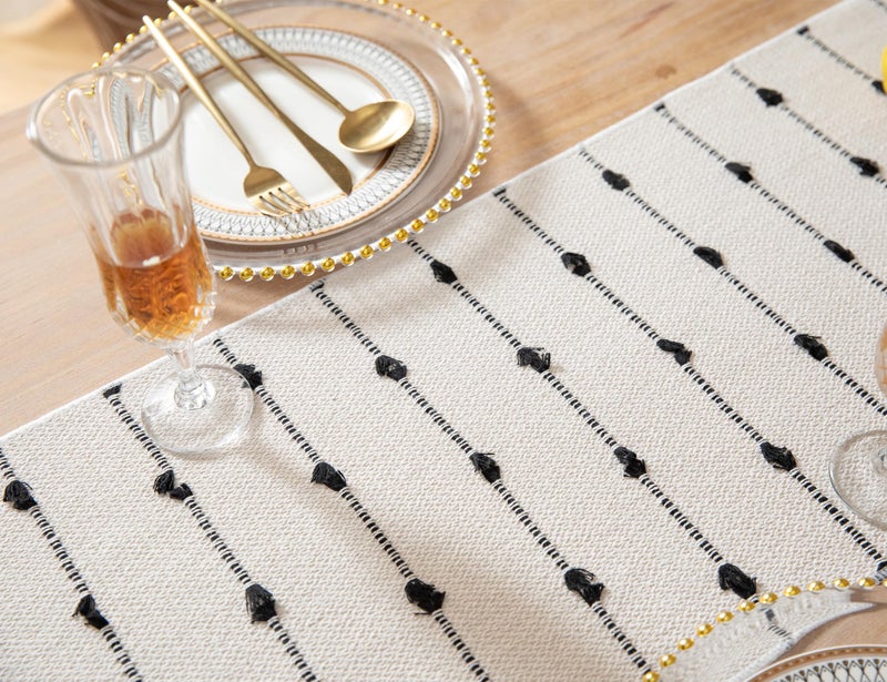 Caflife Boho Table Runner 90 Inchs Long for Modern Farmhouse Room Home Decor, Black and Beige Coffee Table Runner, Natural Cotton Woven with Tassels Neutral, for Kitchen Dining Table Decor - Image 4
