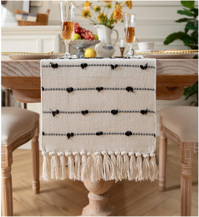 Caflife Boho Table Runner 90 Inchs Long for Modern Farmhouse Room Home Decor, Black and Beige Coffee Table Runner, Natural Cotton Woven with Tassels Neutral, for Kitchen Dining Table Decor - Image 1