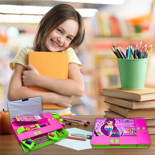 S4SQUARE ENTERPRISE Plastic Unicorn Jumbo Button Pencil Box for Girls Multifunctional Pencil Case Double Sided Magnetic Pencil Box for Kids School Supply, Pink - Image 4