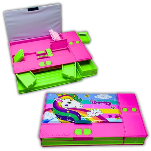 S4SQUARE ENTERPRISE Plastic Unicorn Jumbo Button Pencil Box for Girls Multifunctional Pencil Case Double Sided Magnetic Pencil Box for Kids School Supply, Pink - Image 1