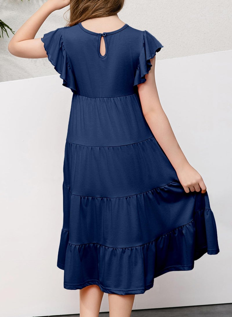 blibean Girls Dresses Summer Sleeveless Sundress Flutter Tween Cute Round Neck A-line Layered Dresses Kids Casual Pockets Skater Clothes Solid Dressy Outfit Size 12-13 Years Old Navy Blue - Image 4