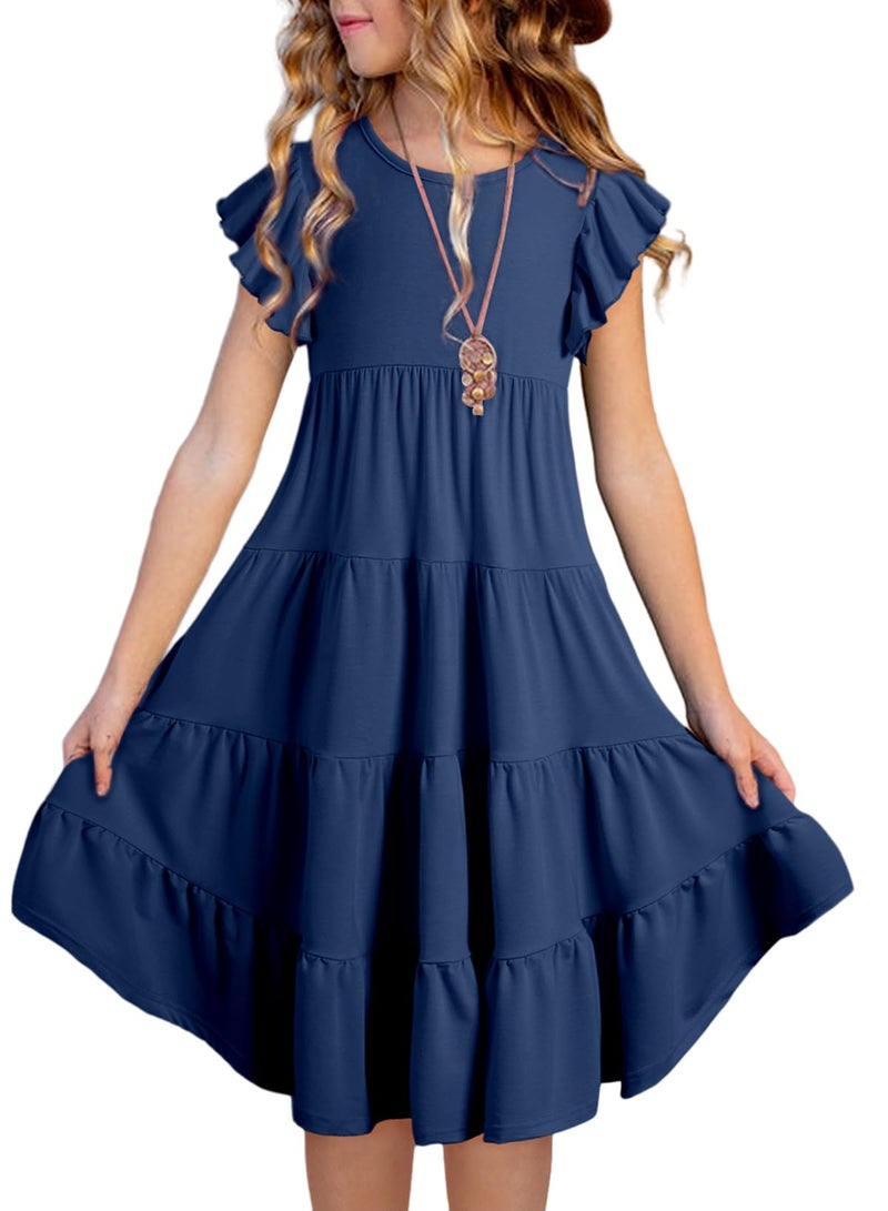 blibean Girls Dresses Summer Sleeveless Sundress Flutter Tween Cute Round Neck A-line Layered Dresses Kids Casual Pockets Skater Clothes Solid Dressy Outfit Size 12-13 Years Old Navy Blue - Image 1