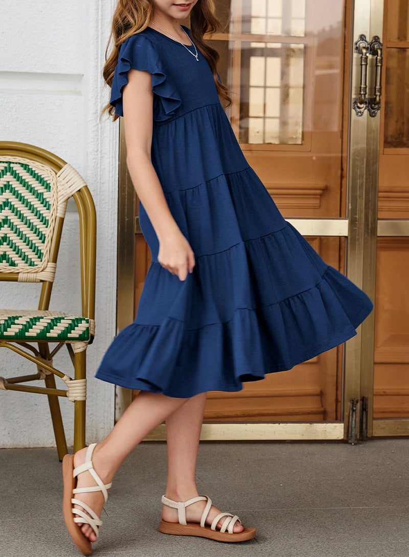 blibean Girls Dresses Summer Sleeveless Sundress Flutter Tween Cute Round Neck A-line Layered Dresses Kids Casual Pockets Skater Clothes Solid Dressy Outfit Size 12-13 Years Old Navy Blue - Image 3