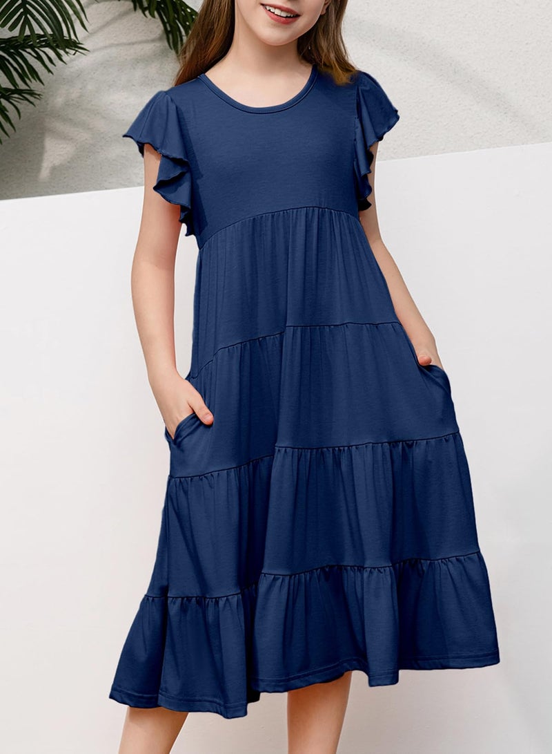 blibean Girls Dresses Summer Sleeveless Sundress Flutter Tween Cute Round Neck A-line Layered Dresses Kids Casual Pockets Skater Clothes Solid Dressy Outfit Size 12-13 Years Old Navy Blue - Image 5