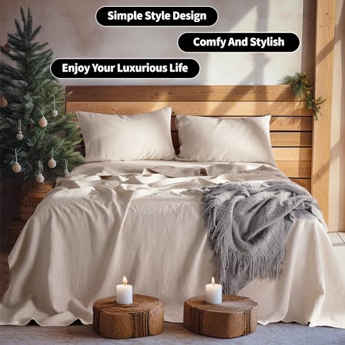 LBRO2M 100% Linen Sheet Set King Size,Bed Sheets 4 Piece Sets, Solid Color Natural Flax Bed Sheets Soft Breathable Bedding,16" Deep Pocket,All Season (King, Linen) - Image 4