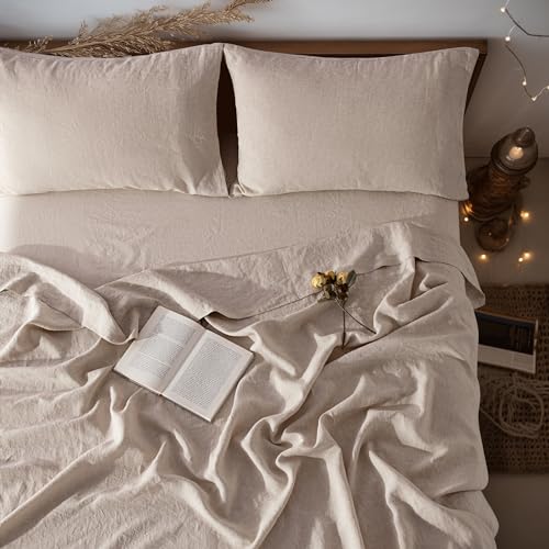 LBRO2M 100% Linen Sheet Set King Size,Bed Sheets 4 Piece Sets, Solid Color Natural Flax Bed Sheets Soft Breathable Bedding,16" Deep Pocket,All Season (King, Linen) - Image 1