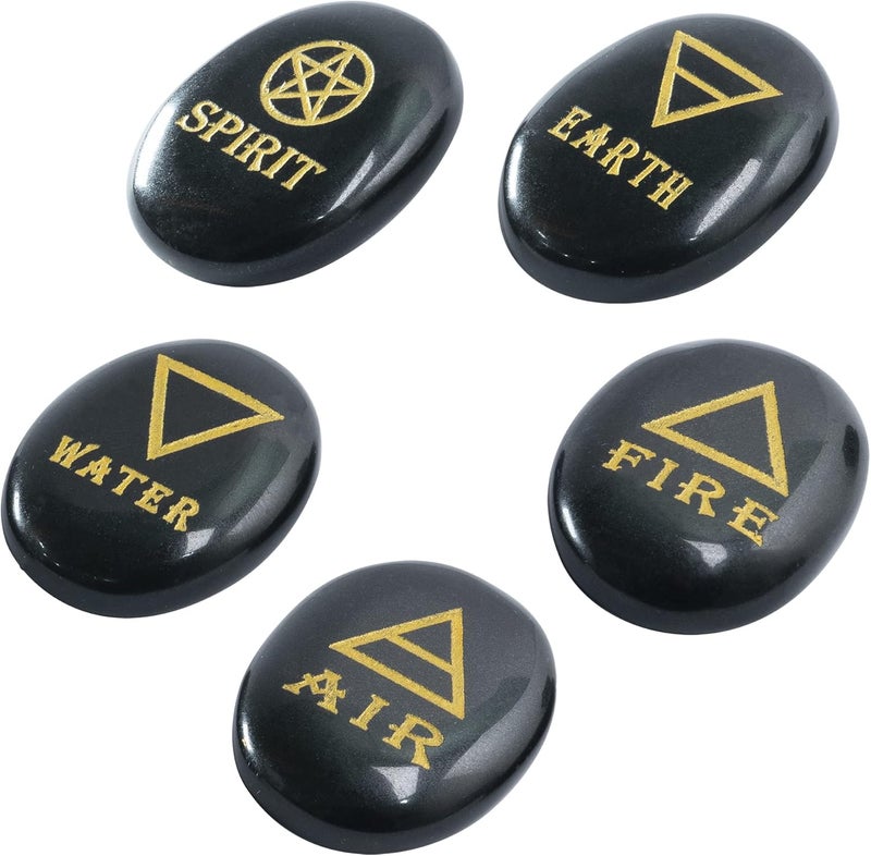 Crocon 5 Elements Black Tourmaline Stones Engraved Triangle Symbols (Earth Air Fire Water Spirit) Polished Palm Stones for Gemstone Reiki Crystals Healing