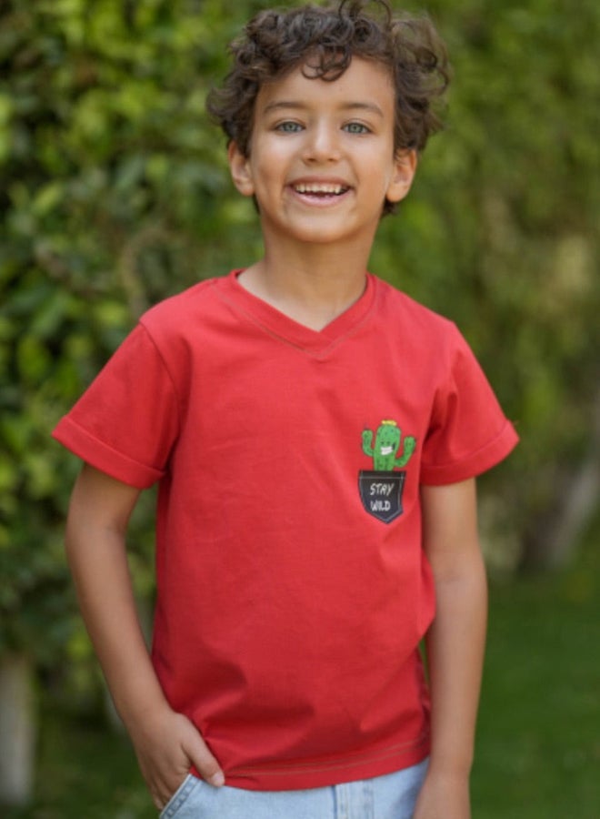cactus, Boys Soft Cotton Looking sharp pocket T-shirt Red - Image 1