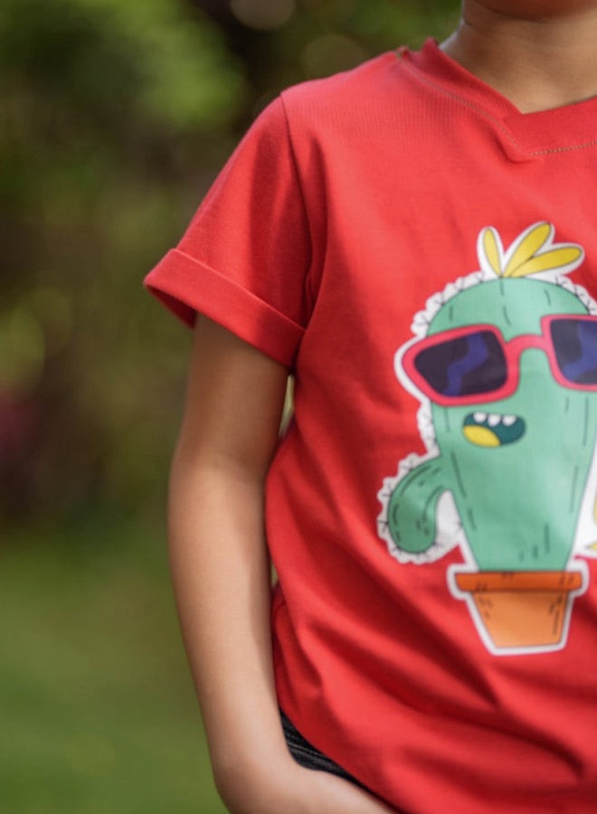 cactus, Boys Soft Cotton Looking sharp pocket T-shirt Red - Image 2