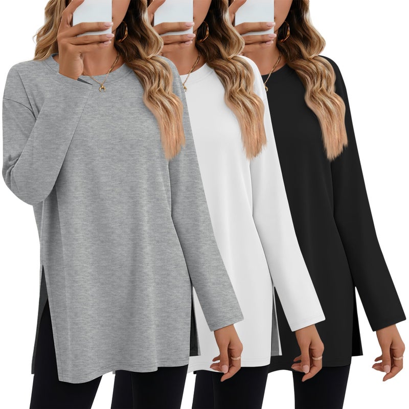 Huukeay 3 Pack Oversized Long Sleeve Shirts for Women Cotton Workout Side Split Gym Crewneck Tops Loose Basic Tee Winter(Black, White, Charcoal Gray,Large) - Image 1