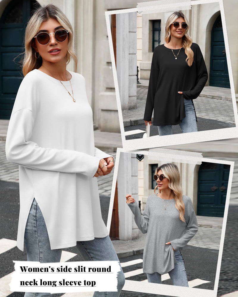 Huukeay 3 Pack Oversized Long Sleeve Shirts for Women Cotton Workout Side Split Gym Crewneck Tops Loose Basic Tee Winter(Black, White, Charcoal Gray,Large) - Image 5