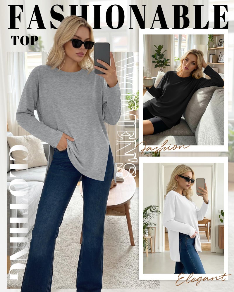 Huukeay 3 Pack Oversized Long Sleeve Shirts for Women Cotton Workout Side Split Gym Crewneck Tops Loose Basic Tee Winter(Black, White, Charcoal Gray,Large) - Image 2