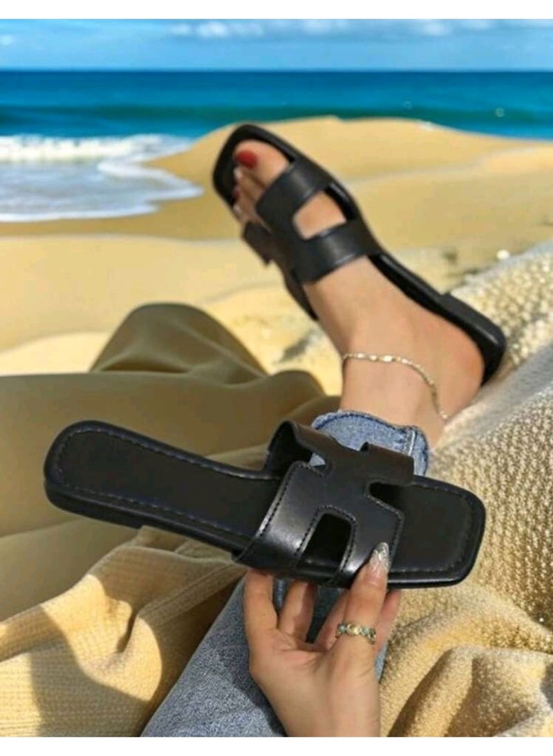 Shein Elegant Women's Vacation Essential Flat Woven Slippers, Combining Comfort And Fashion, Breathable Beach Sandals, Classic Black, Easy To Slip On And Off, Casual And Comfortable. - Image 4