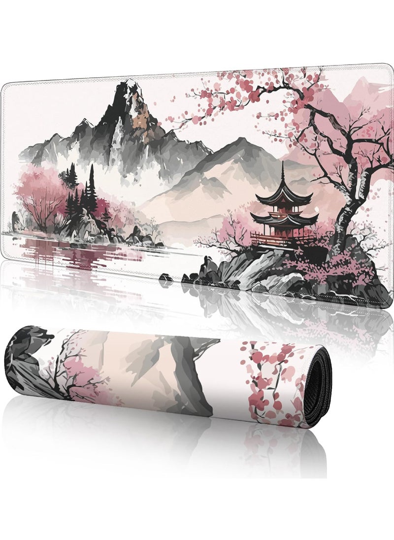 Rock Pow - Watercolor Cherry Blossom Large Gaming Mouse Pad 800 * 300 * 3mm Mouse Mat Desk Pad Large Desk Mat Extended Keyboard Mousepad with Non-Slip Base and Stitched Edge for Desk Home Office - Image 1