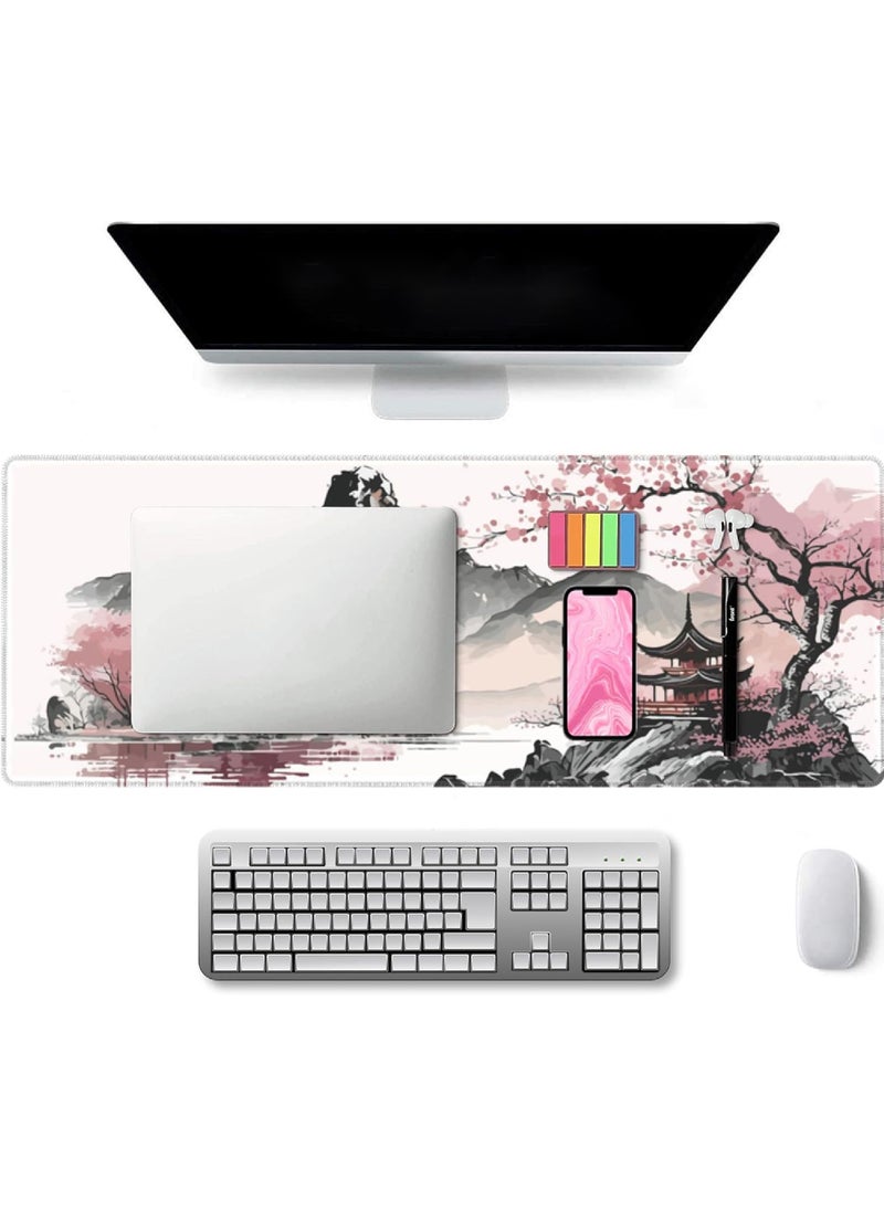 Rock Pow - Watercolor Cherry Blossom Large Gaming Mouse Pad 800 * 300 * 3mm Mouse Mat Desk Pad Large Desk Mat Extended Keyboard Mousepad with Non-Slip Base and Stitched Edge for Desk Home Office - Image 1