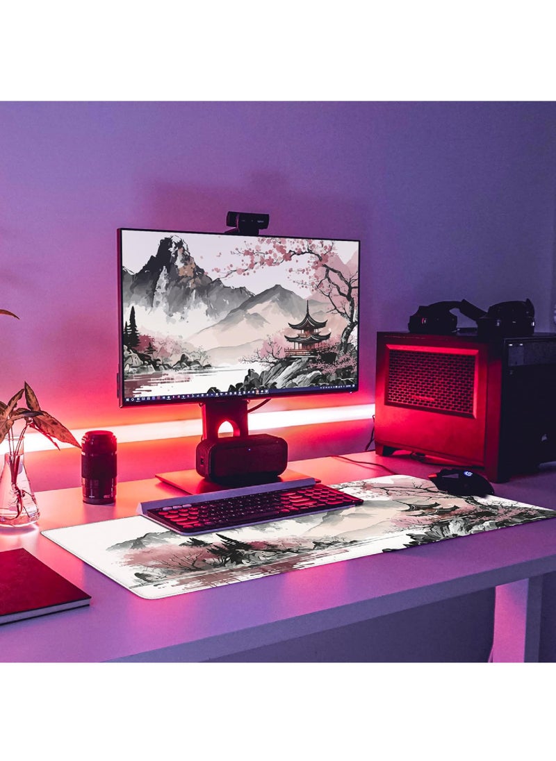 Rock Pow - Watercolor Cherry Blossom Large Gaming Mouse Pad 800 * 300 * 3mm Mouse Mat Desk Pad Large Desk Mat Extended Keyboard Mousepad with Non-Slip Base and Stitched Edge for Desk Home Office - Image 1