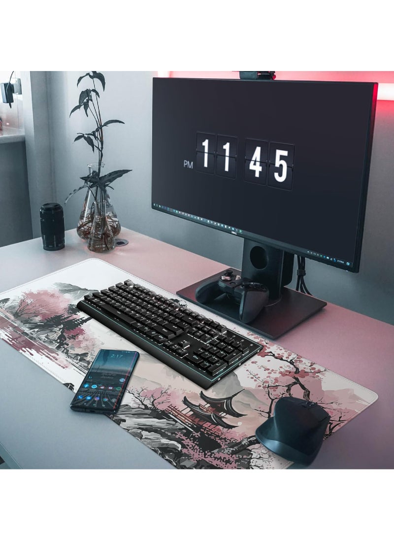 Rock Pow - Watercolor Cherry Blossom Large Gaming Mouse Pad 800 * 300 * 3mm Mouse Mat Desk Pad Large Desk Mat Extended Keyboard Mousepad with Non-Slip Base and Stitched Edge for Desk Home Office - Image 1
