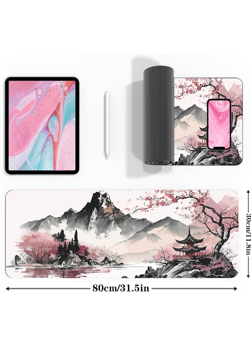 Rock Pow - Watercolor Cherry Blossom Large Gaming Mouse Pad 800 * 300 * 3mm Mouse Mat Desk Pad Large Desk Mat Extended Keyboard Mousepad with Non-Slip Base and Stitched Edge for Desk Home Office - Image 1