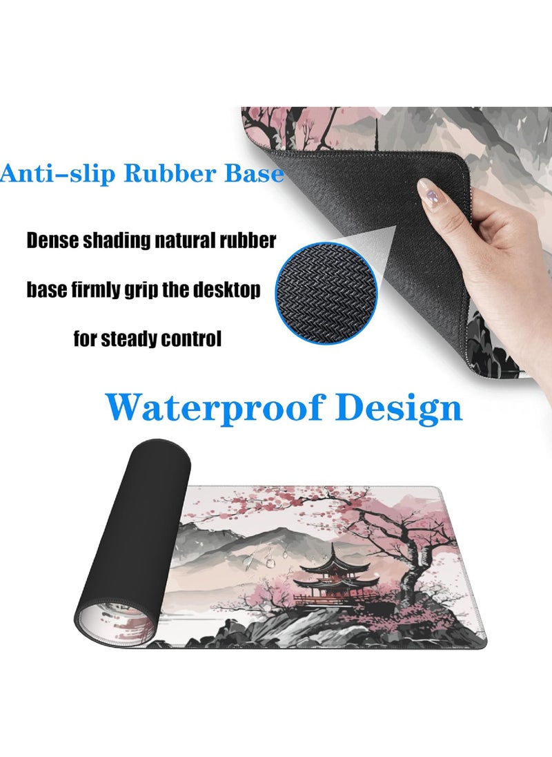Rock Pow - Watercolor Cherry Blossom Large Gaming Mouse Pad 800 * 300 * 3mm Mouse Mat Desk Pad Large Desk Mat Extended Keyboard Mousepad with Non-Slip Base and Stitched Edge for Desk Home Office - Image 1