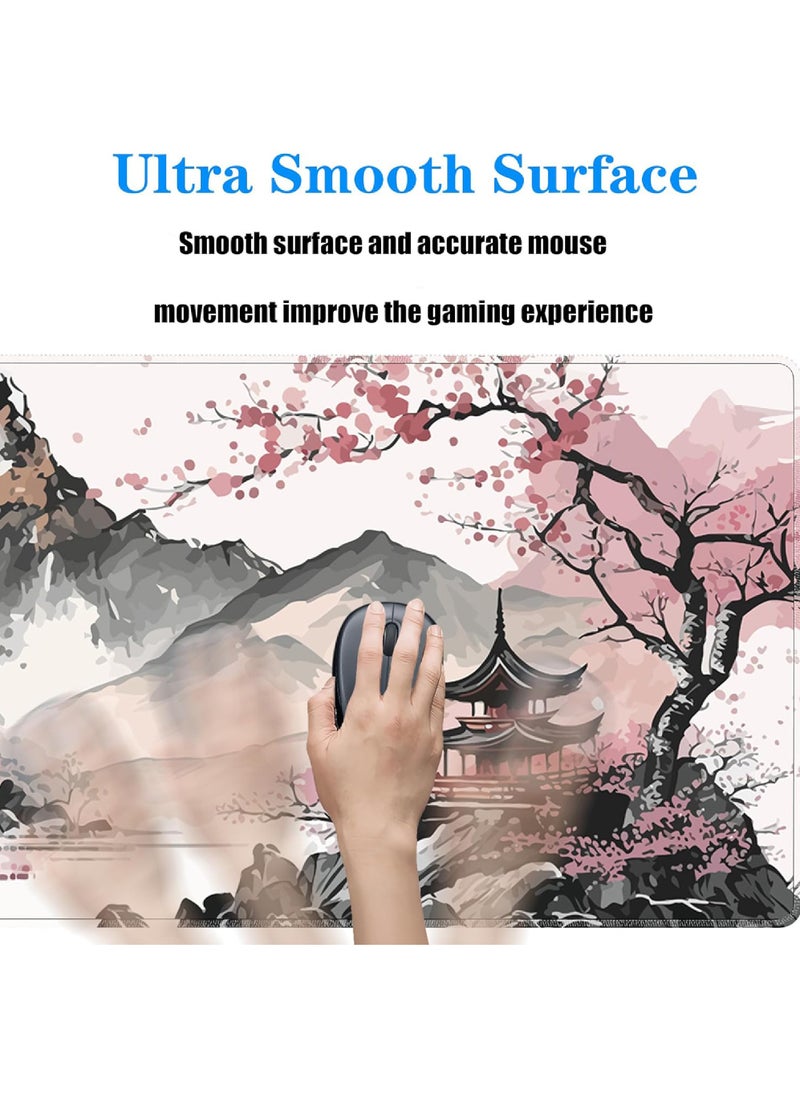 Rock Pow - Watercolor Cherry Blossom Large Gaming Mouse Pad 800 * 300 * 3mm Mouse Mat Desk Pad Large Desk Mat Extended Keyboard Mousepad with Non-Slip Base and Stitched Edge for Desk Home Office - Image 1