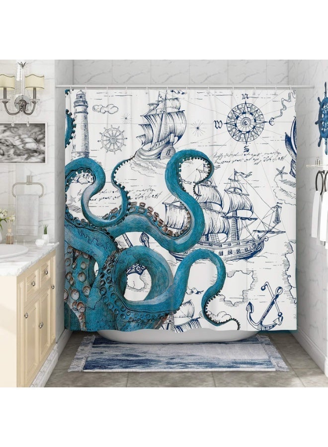 Blue Nautical Octopus Shower Curtain Set, Funny Ocean Shower Curtains For Bathroom, Cool Beach Coastal Octopus Decor Polyester Fabric-71" X 71" - Image 1
